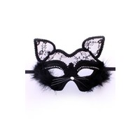 Zwart oogmasker poes met marabou en kant LUXE