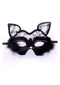Zwart oogmasker poes met marabou en kant LUXE