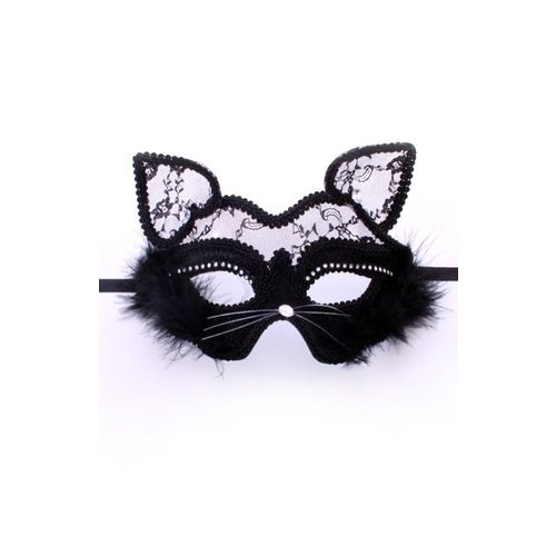 Zwart oogmasker poes met marabou en kant LUXE