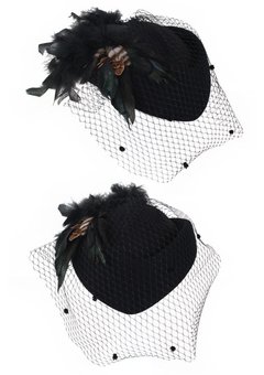 Wolvilt dameshoed zwart met groen/zwarte veren