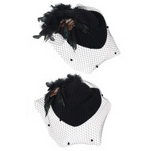 Wolvilt dameshoed zwart met groen/zwarte veren en bolletjes gaas