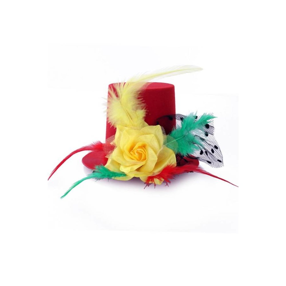 Klas Voetzool Deter Mini hoedje rood/geel/groen met roos, veren en bolletjes gaas op speldjes