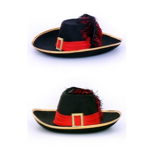Leuke musketier hoed Filip zwart met rode band en gesp