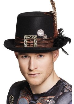 Zwarte steampunk hoed met bruine gesp