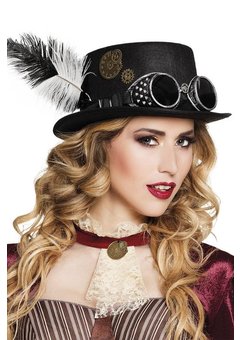 Zwarte steampunk hoed met zwarte bril