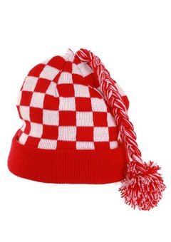 Gebreide rood wit geblokte muts