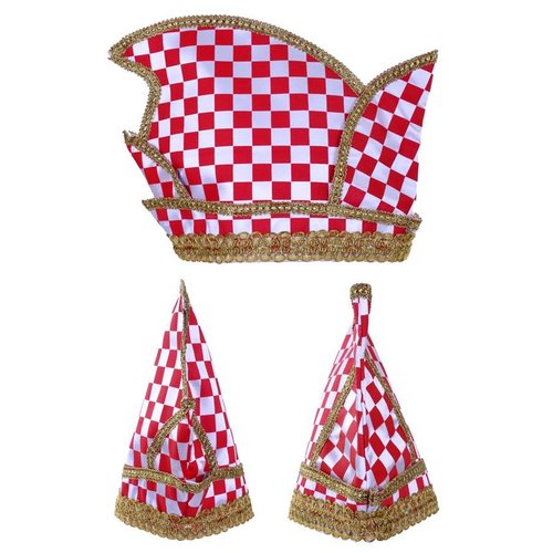 Mooie prinsenmuts met goud galon in rood wit geblokt