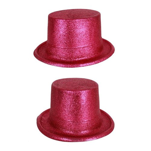 Mooie hoge hoed pink met glitters plastic