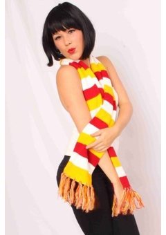 Sjaal rood wit geel gebreid 160 x 18 cm.