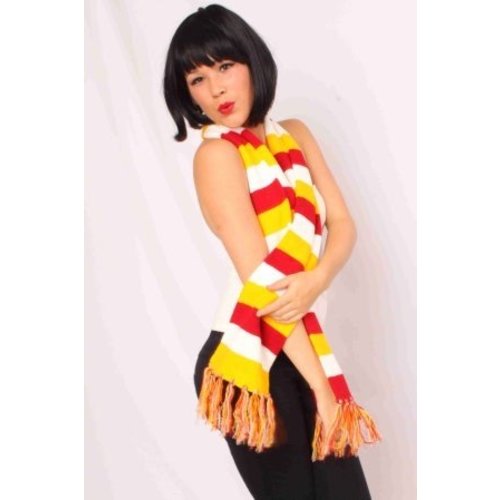 Mooie sjaal rood wit geel gebreid 160 x 18 cm.