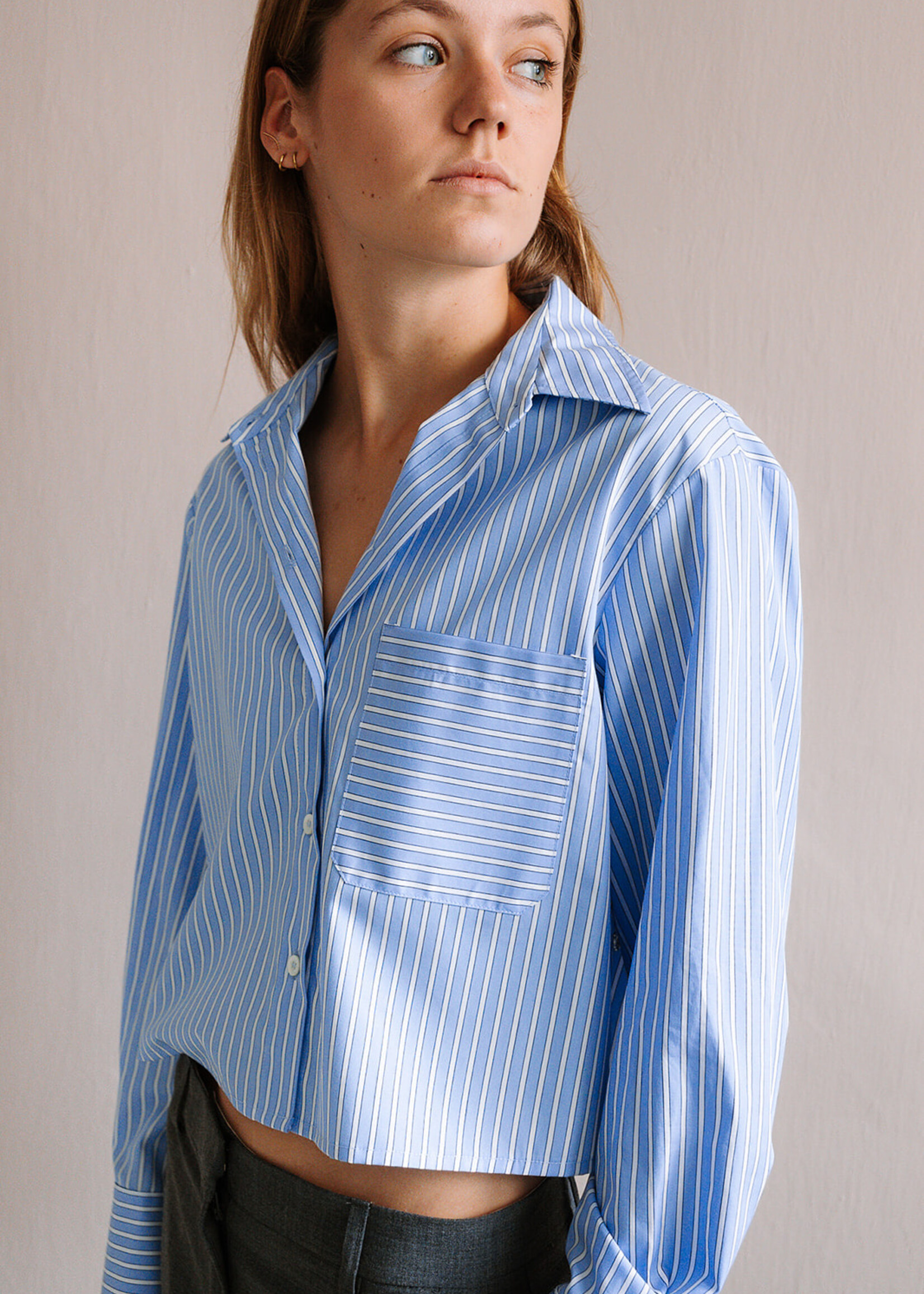Ottod'Ame Cropped Cotton Shirt (Stripe Blue/White)