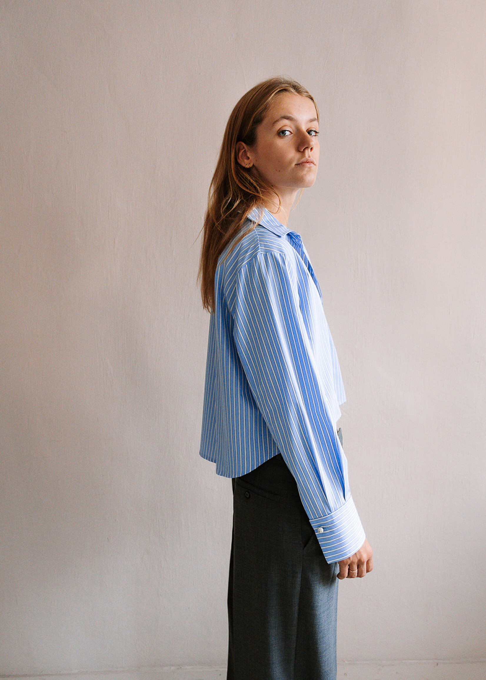 Ottod'Ame Cropped Cotton Shirt (Stripe Blue/White)