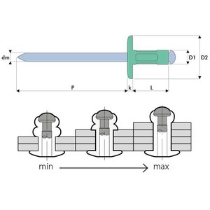 WCT Multigrip popnagels - 4.8 x 10.3mm - Extra grote bolkop - Alu/Staal - klembereik: 1.6-6.4mm - 250 stuks