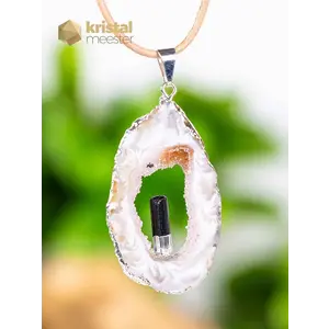 Agate Geode with Tourmaline in silver - pendant no. 4