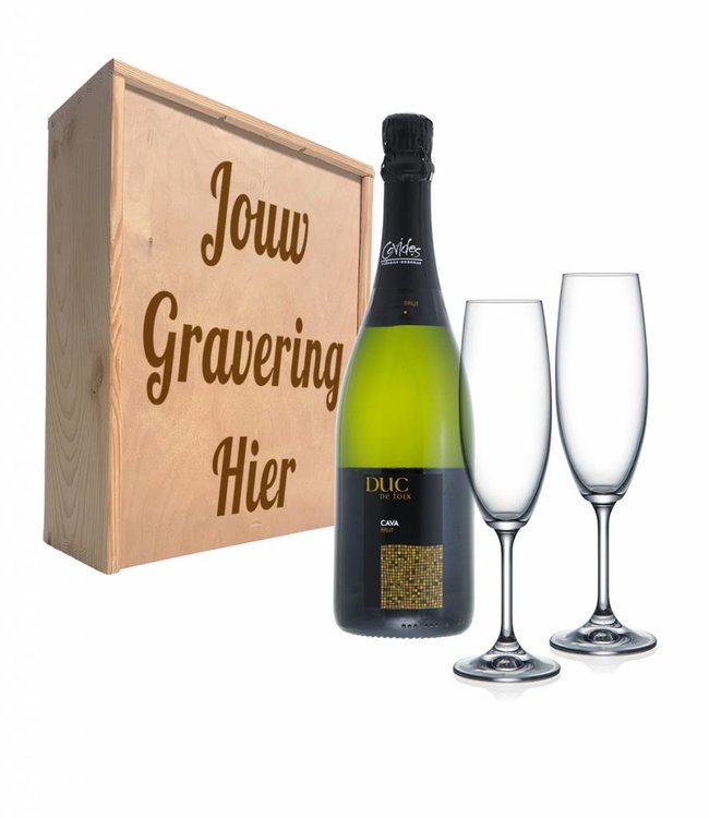 Champagnefles in geschenkkist met 2 champagneglazen - Dux du foix brut