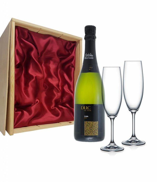 Champagnefles in geschenkkist met 2 champagneglazen - Dux du foix brut