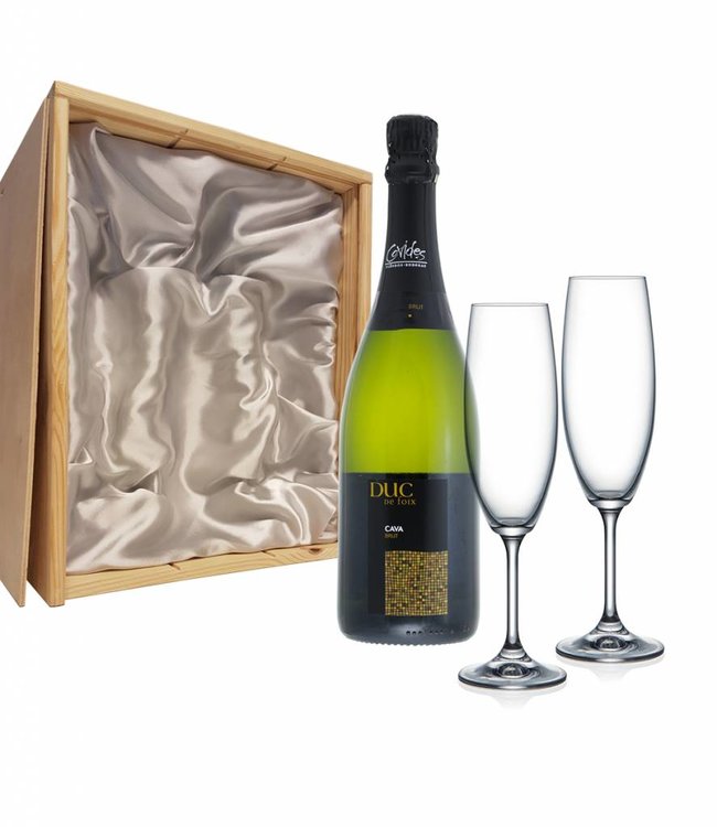 Champagnefles in geschenkkist met 2 champagneglazen - Dux du foix brut