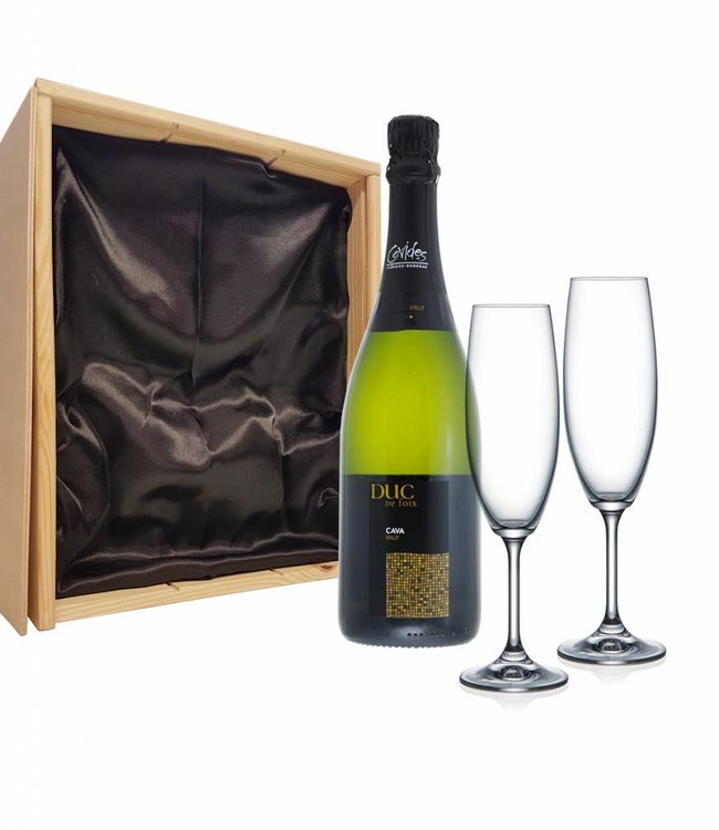Champagnefles in geschenkkist met 2 champagneglazen - Dux du foix brut