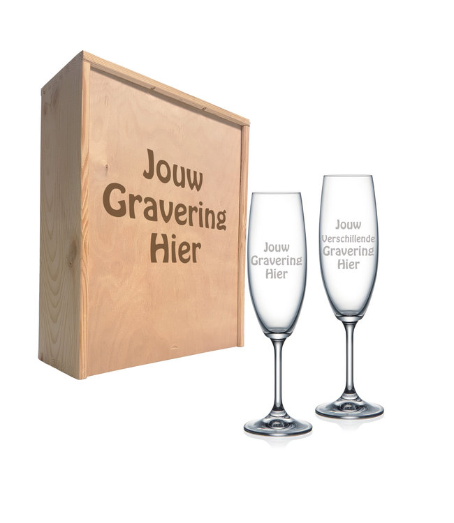 Houten kist met champagneglazen graveren