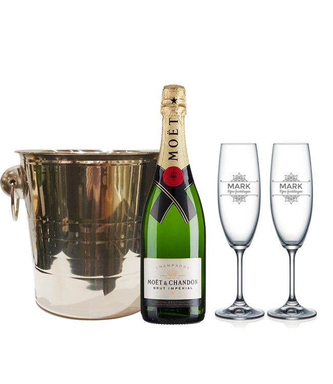 Champagnekoeler met gepersonaliseerde glazen en fles naar keuze