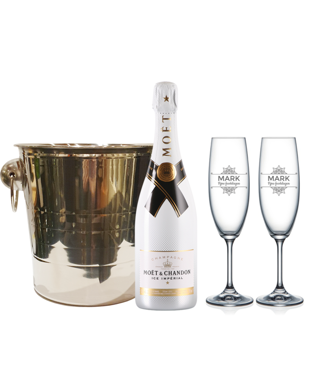 Champagnekoeler met gepersonaliseerde glazen en fles naar keuze