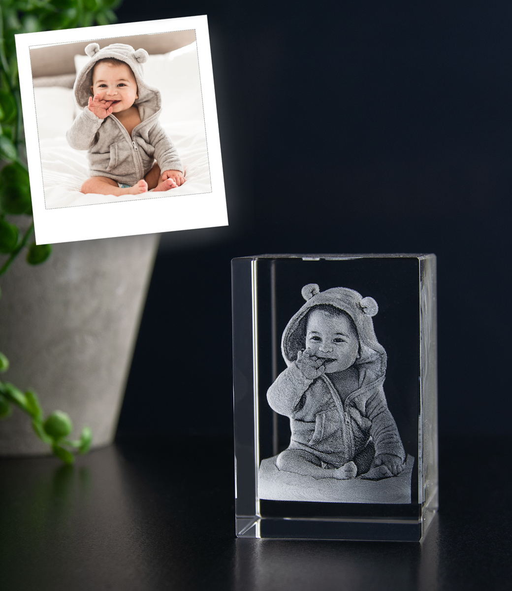 Foto van baby gegraveerd in 3D-glas