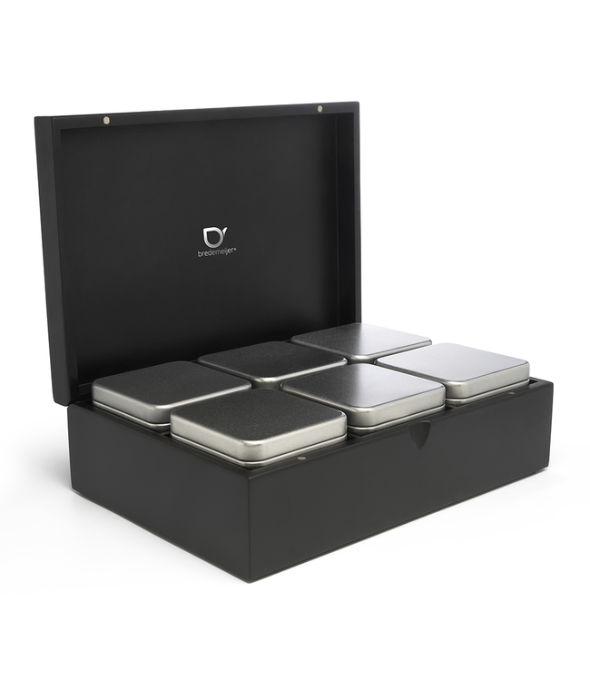 Theedoos met blikken voor verse thee - zwart - met tekst graveren (6 blikken)