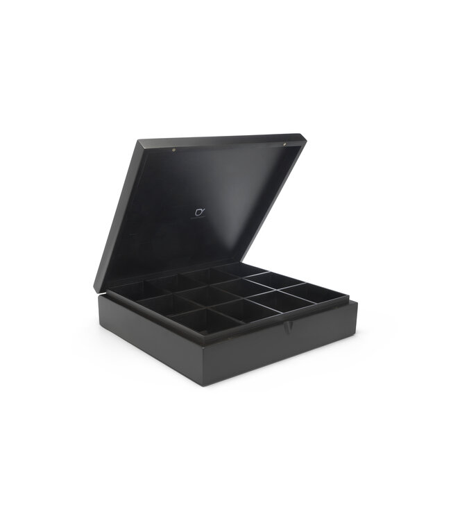 Theekist zwart met tekst graveren (12 vakken)