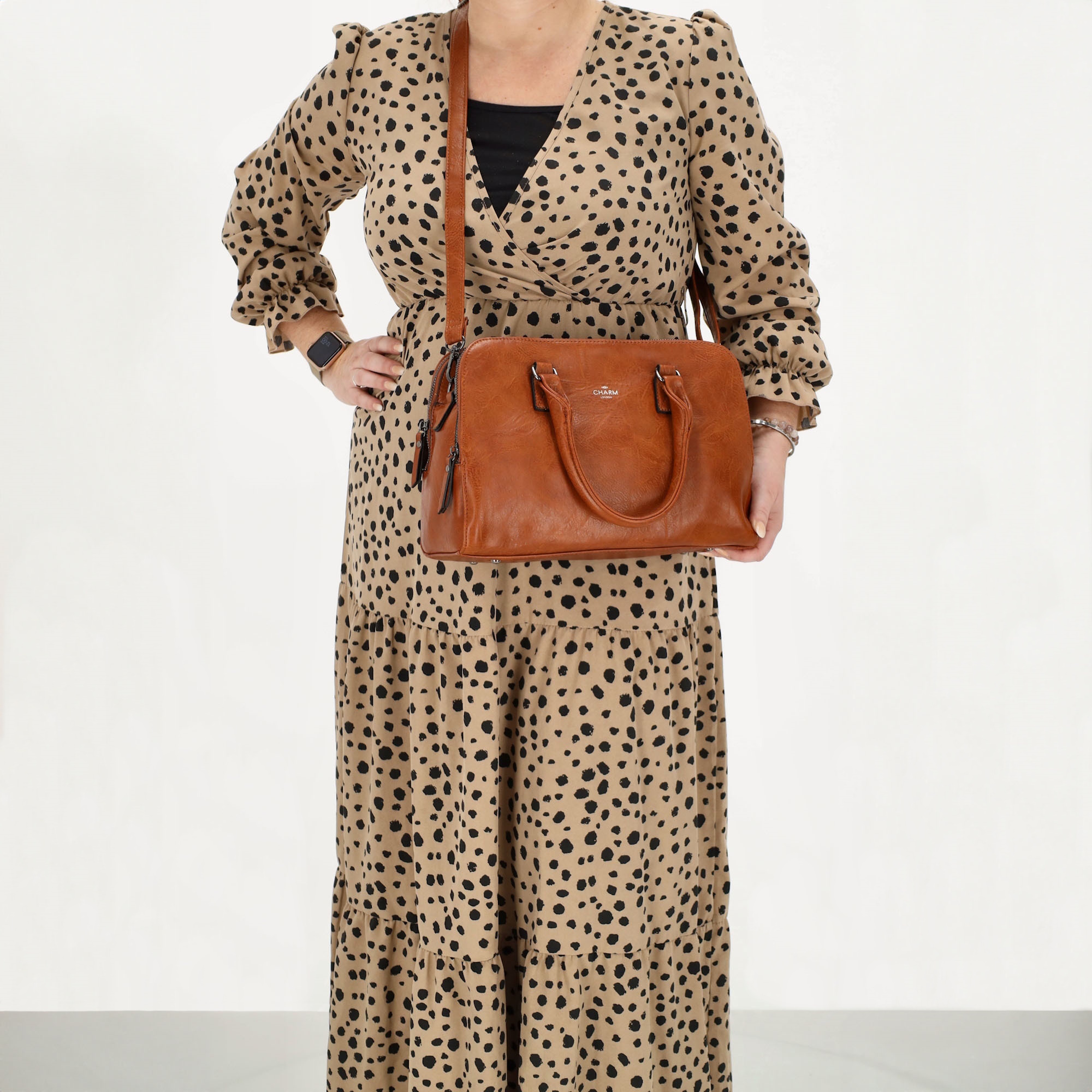 Charm London Charm London 3-vaks handtas-schoudertas cognac