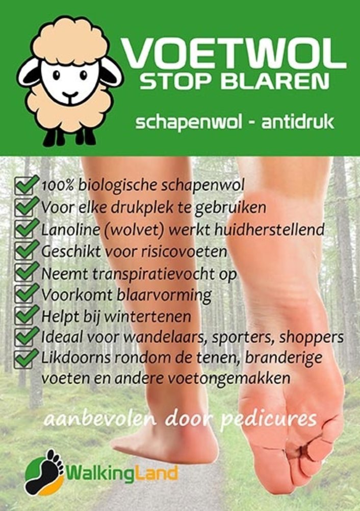 WalkingLand VoetWol - Stop Blaren 30 Gram WalkingLand VoetWol - Stop Blaren 30 Gram