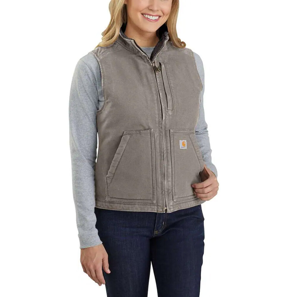 Carhartt Washed Duck Sherpa Lined Mock Neck Taupe Grey Bodywarmer Dames Carhartt Washed Duck Sherpa Lined Mock Neck Taupe Grey Bodywarmer Dames