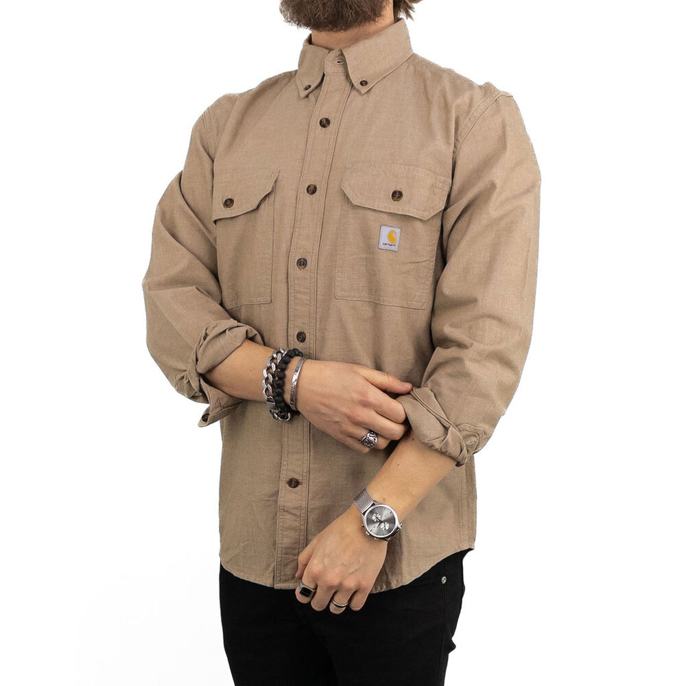 Carhartt Midweight Chambray LS Shirt Dark Tan Chambray Overhemd Heren Carhartt Midweight Chambray LS Shirt Dark Tan Chambray Overhemd Heren