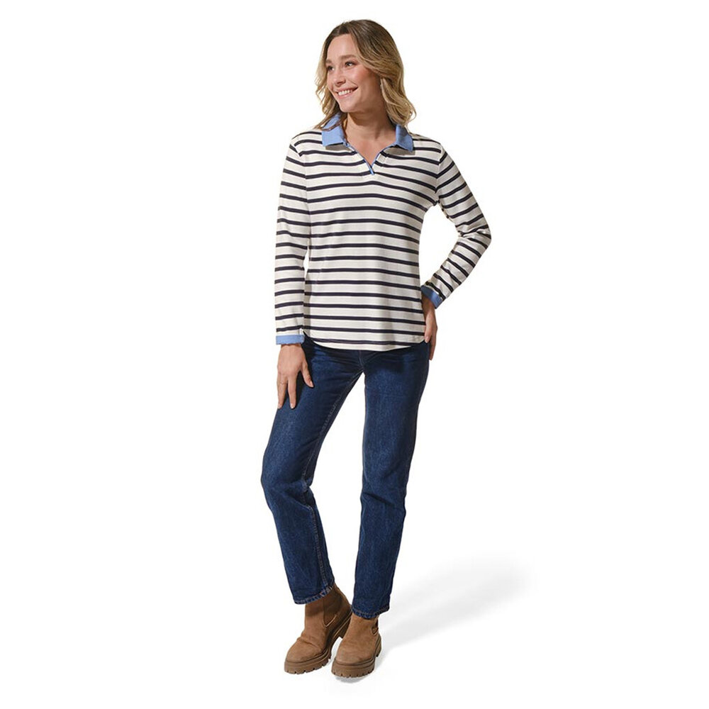 Hublot Valencia Ecru Marine Top met Chambray Kraag Dames Hublot Valencia Ecru Marine Top met Chambray Kraag Dames