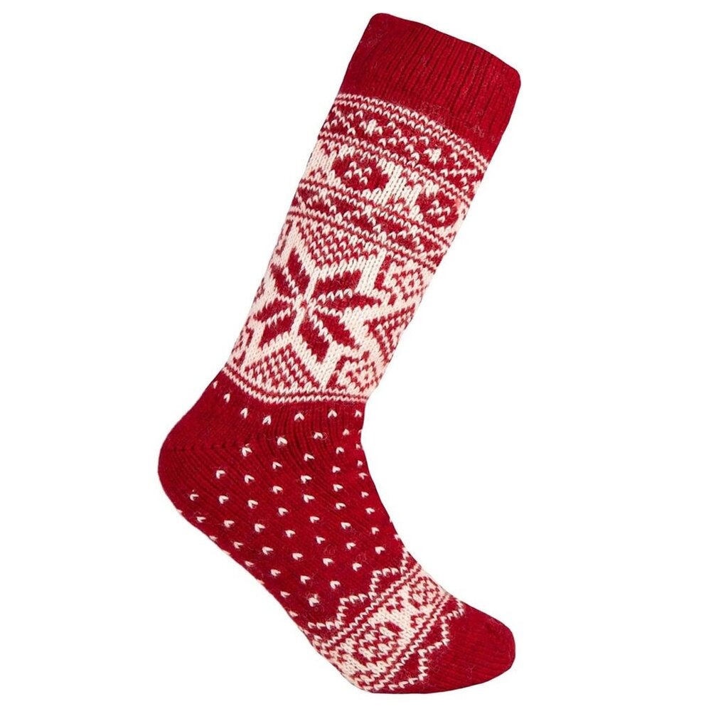 Woolwear of Scandinavia Rode wollen sokken met sneeuwvlokpatroon