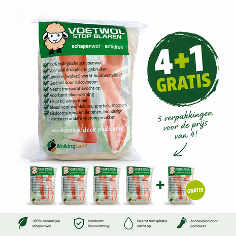WalkingLand 5 STUKS Voetwol - Stop Blaren 10 Gram WalkingLand 5 STUKS Voetwol - Stop Blaren 10 Gram
