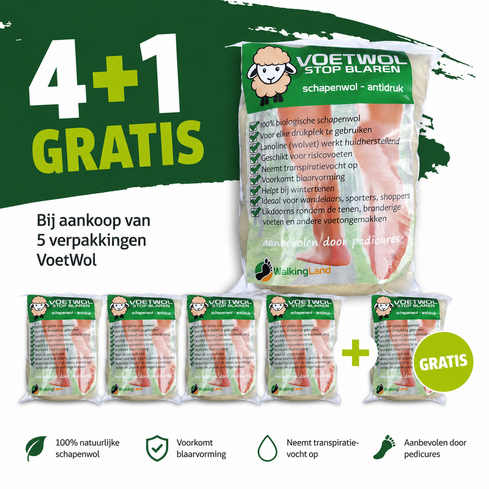 WalkingLand 5 STUKS Voetwol - Stop Blaren 10 Gram WalkingLand 5 STUKS Voetwol - Stop Blaren 10 Gram