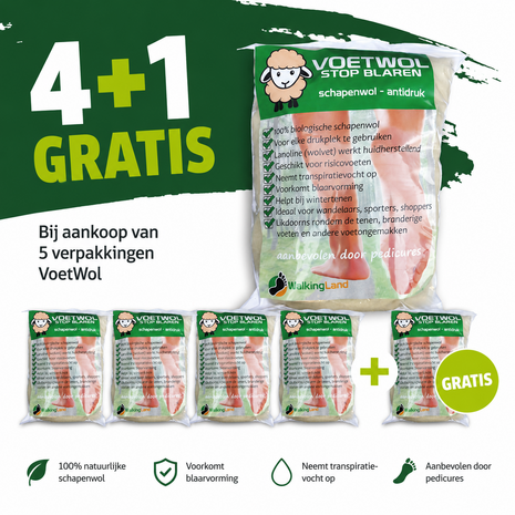 WalkingLand 5 STUKS Voetwol - Stop Blaren 40 Gram WalkingLand 5 STUKS Voetwol - Stop Blaren 40 Gram