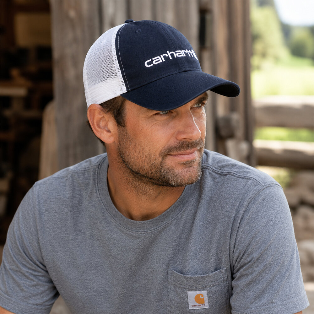 Carhartt Canvas Mesh Logo Graphic Navy White Cap Carhartt Canvas Mesh Logo Graphic Navy White Cap