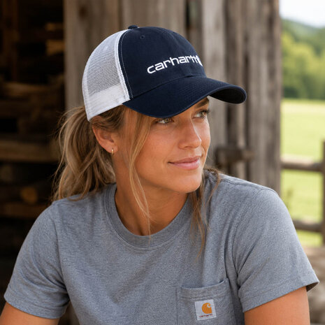 Carhartt Canvas Mesh Logo Graphic Navy White Cap Carhartt Canvas Mesh Logo Graphic Navy White Cap