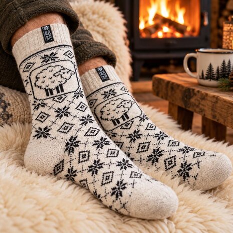 Woolwear of Scandinavia Ecru wollen sokken met schaapmotief Woolwear of Scandinavia Ecru wollen sokken met schaapmotief