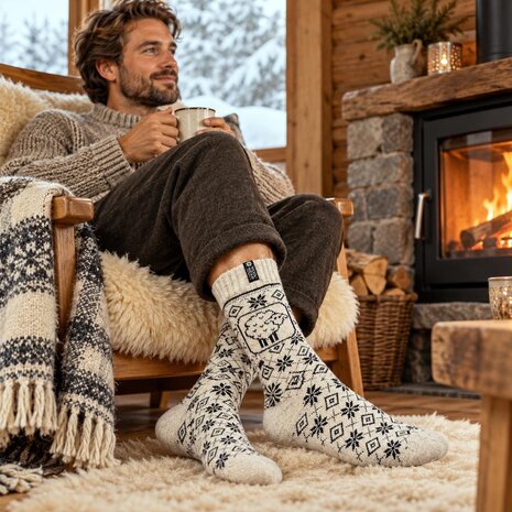 Woolwear of Scandinavia Ecru wollen sokken met schaapmotief Woolwear of Scandinavia Ecru wollen sokken met schaapmotief