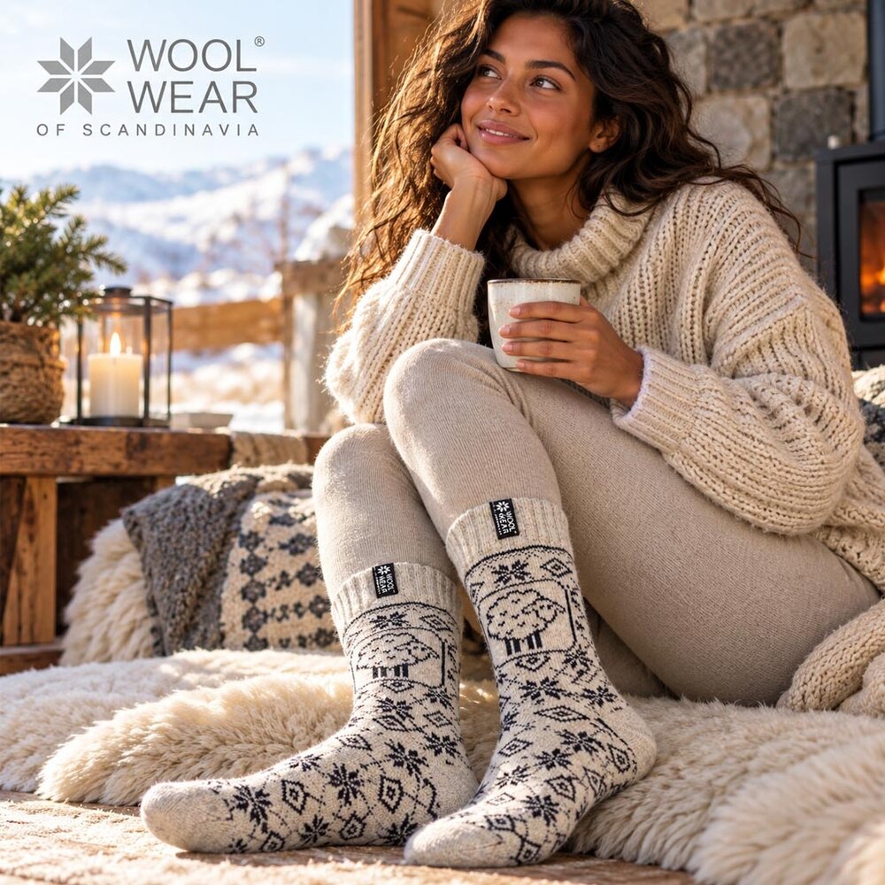 Woolwear of Scandinavia Ecru wollen sokken met schaapmotief Woolwear of Scandinavia Ecru wollen sokken met schaapmotief