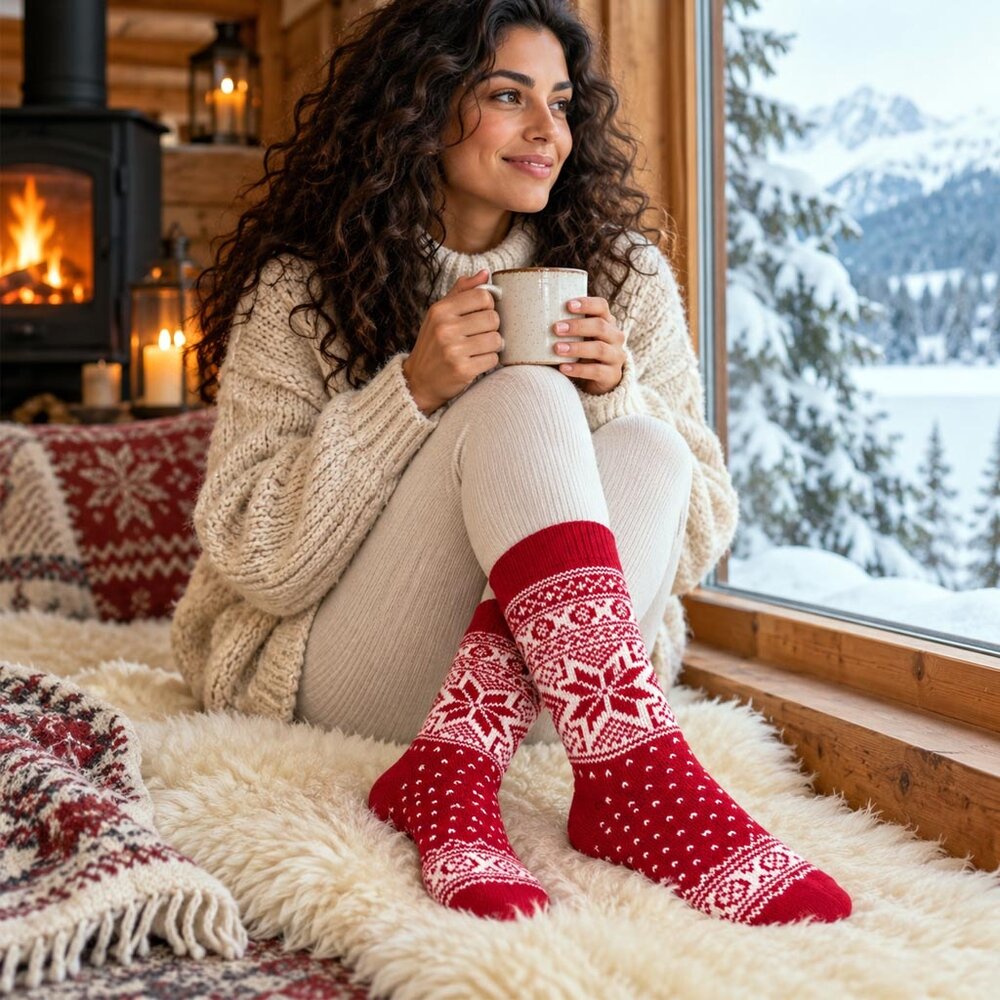 Woolwear of Scandinavia Rode wollen sokken met sneeuwvlokpatroon