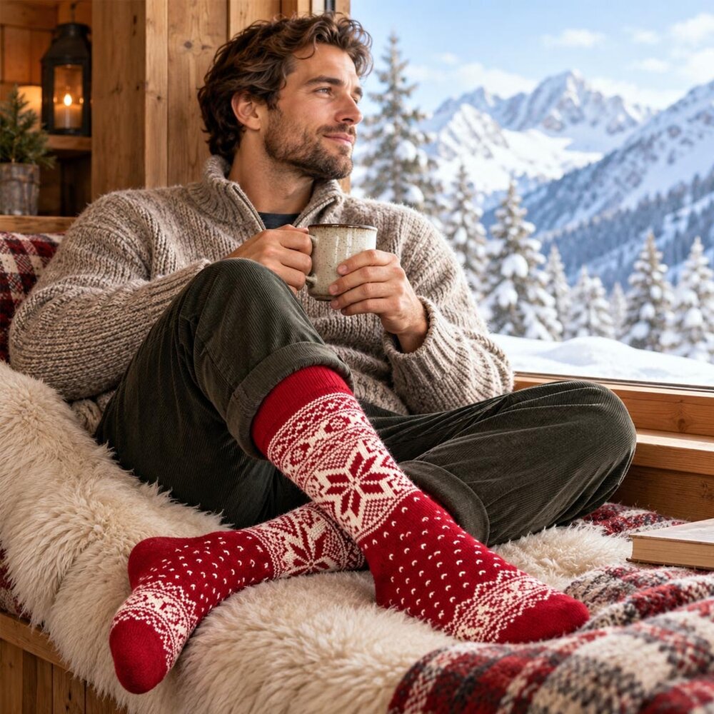 Woolwear of Scandinavia Rode wollen sokken met sneeuwvlokpatroon