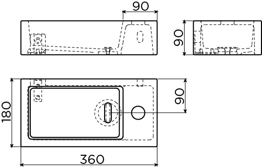 Flush 3 lave-mains 36cm, avec our sans trou pour robinet, avec bonde libre, céramique blanc mat