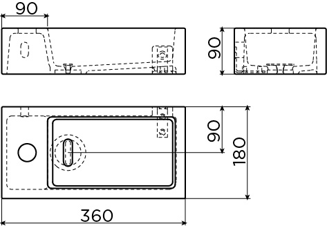 Flush 3 lave-mains 36cm, avec our sans trou pour robinet, avec bonde libre, céramique blanc mat