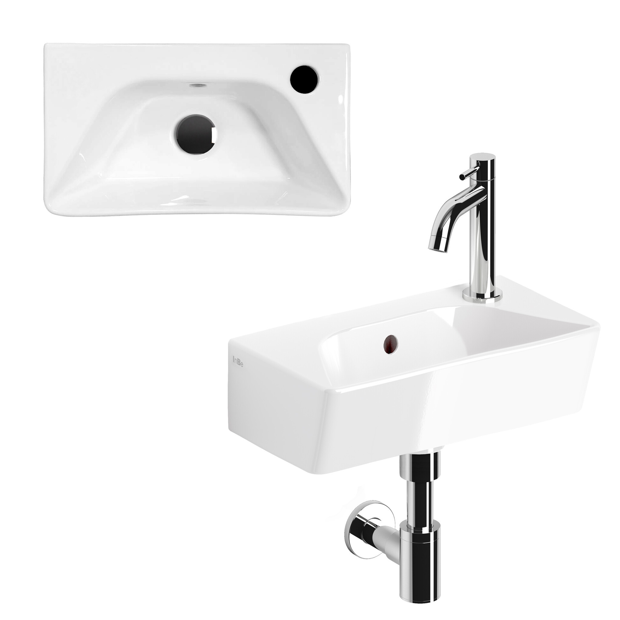 InBe InBe hand basin set 6, with hand basin, tap, drain and trap, white ceramics and chrome