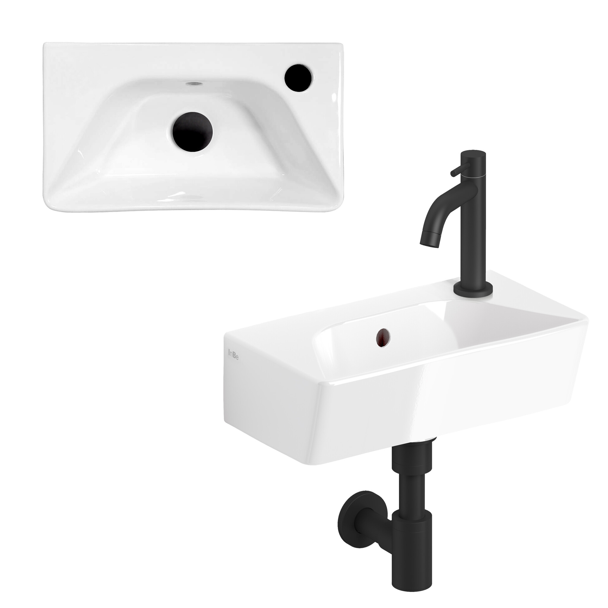 InBe InBe hand basin set 6, with hand basin, tap, drain and trap, white ceramics and matt black