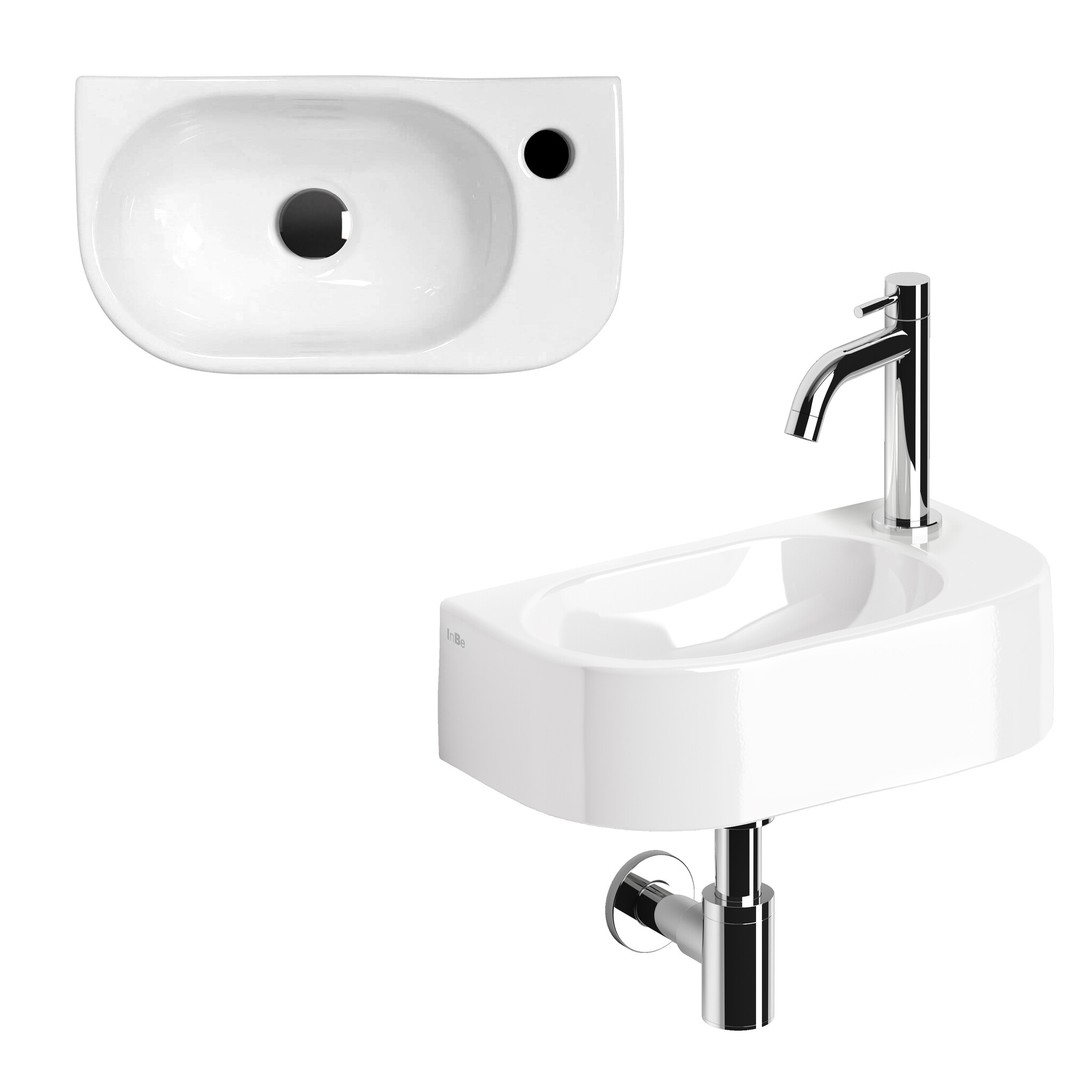 InBe InBe hand basin set 7, with hand basin, tap, drain and trap, white ceramics and chrome