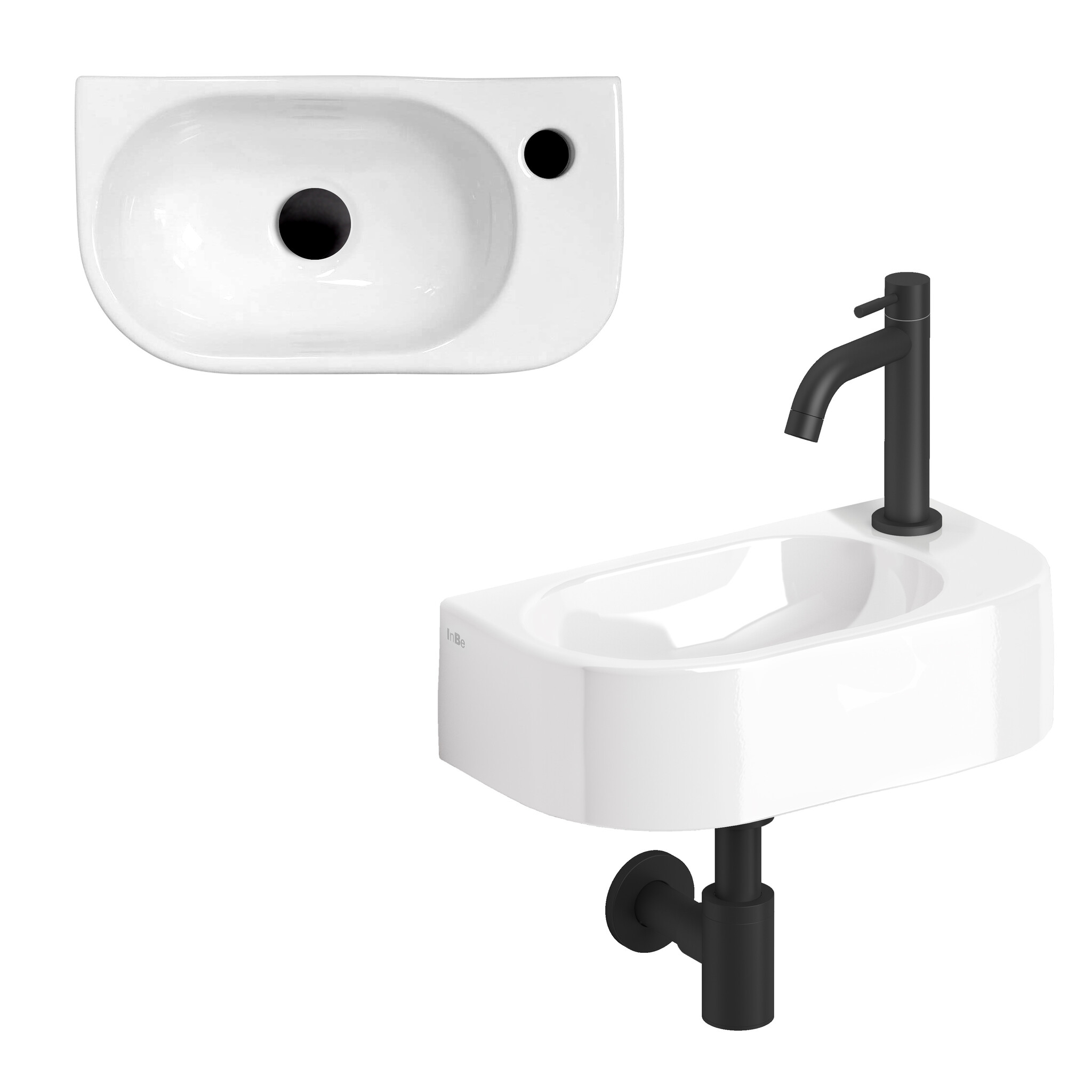 InBe InBe hand basin set 7, with hand basin, tap, drain and trap, white ceramics and matt black